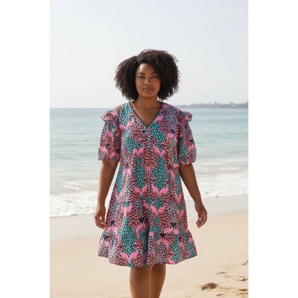 NEW Simply Southern Womens XL Ruffle Sleeve Flamingo Dress 100% Cotton Boho Chic